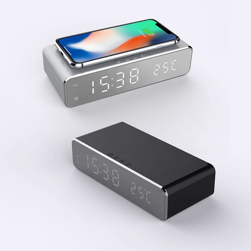 Stylish LED alarm clock, fast wireless charger for smartphones, perfect home decor.