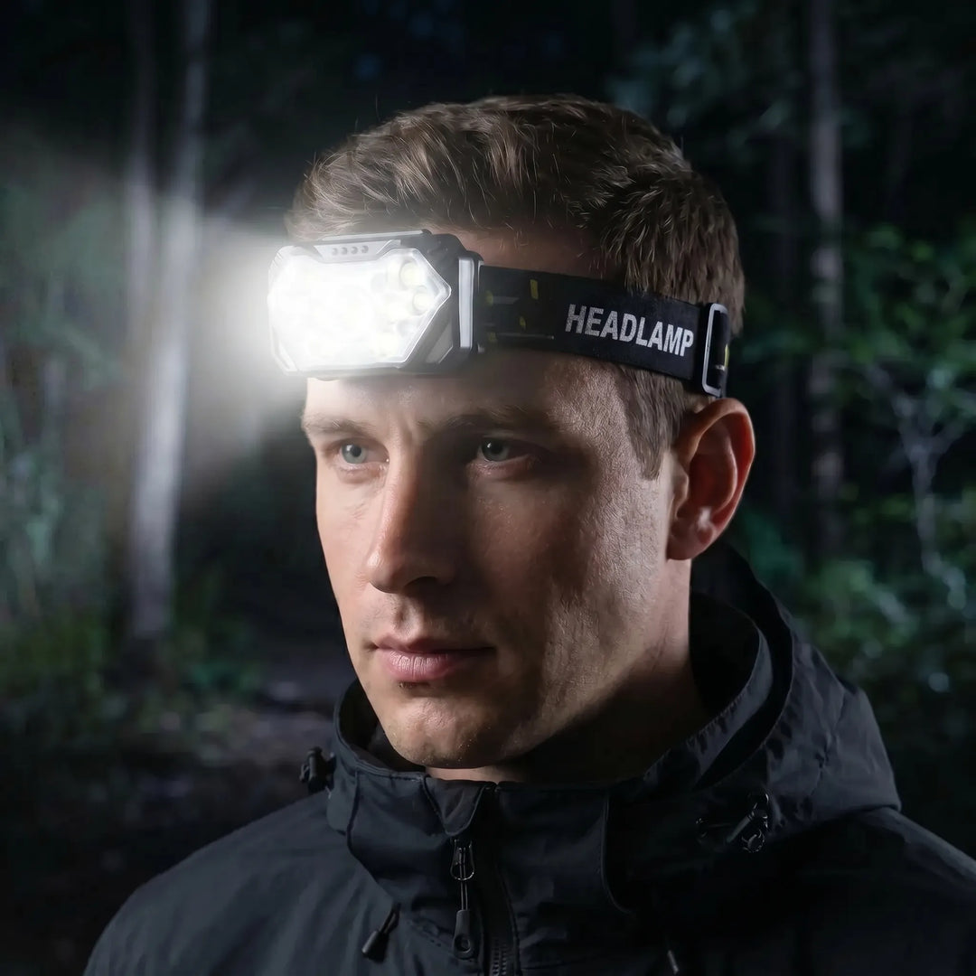 Unisex 9-LED headlamp with USB rechargeable battery & motion sensor for hands-free outdoor use.