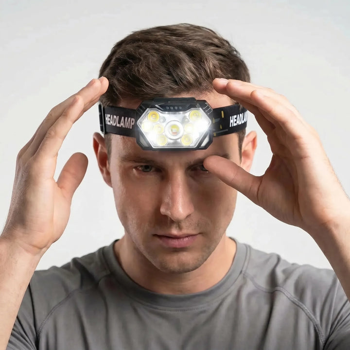 Bright 9-LED headlamp, USB rechargeable, hands-free for camping, fishing, hiking & night work.