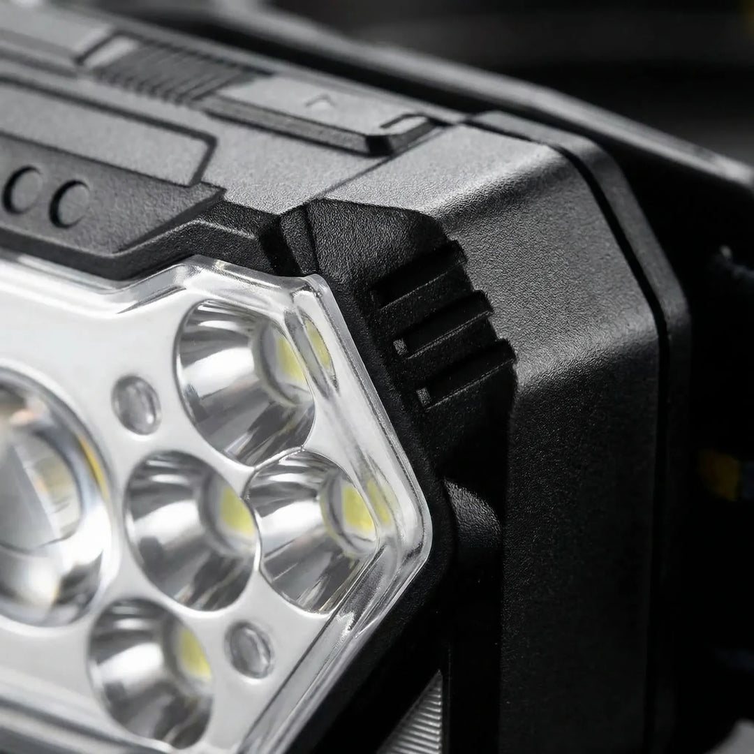 Motion sensor LED headlamp, USB rechargeable, providing hands-free light for all outdoor activities.