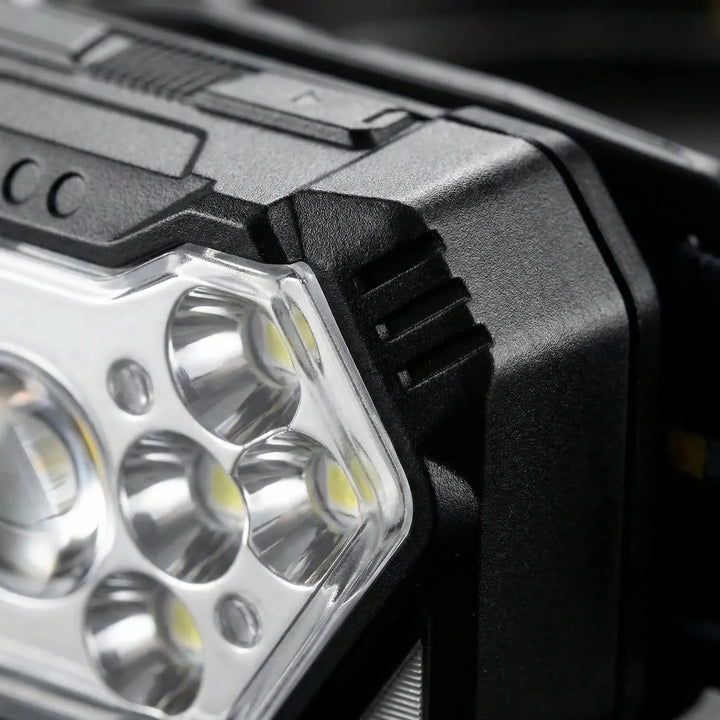Motion sensor LED headlamp, USB rechargeable, providing hands-free light for all outdoor activities.