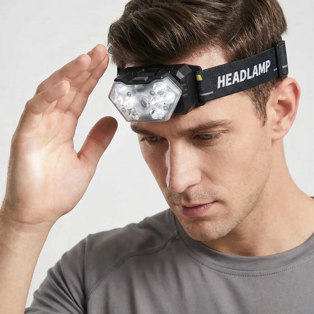 Essential unisex LED headlamp with motion sensor & USB recharge for safe night vision during outdoor work.
