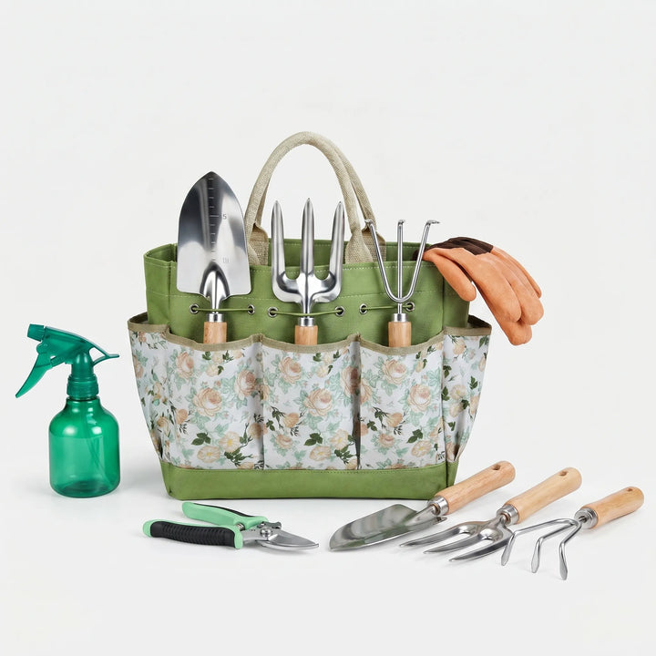 Stainless steel gardening tools including trowel, weeder, & cultivator, with wooden handles for planting and weeding tasks.