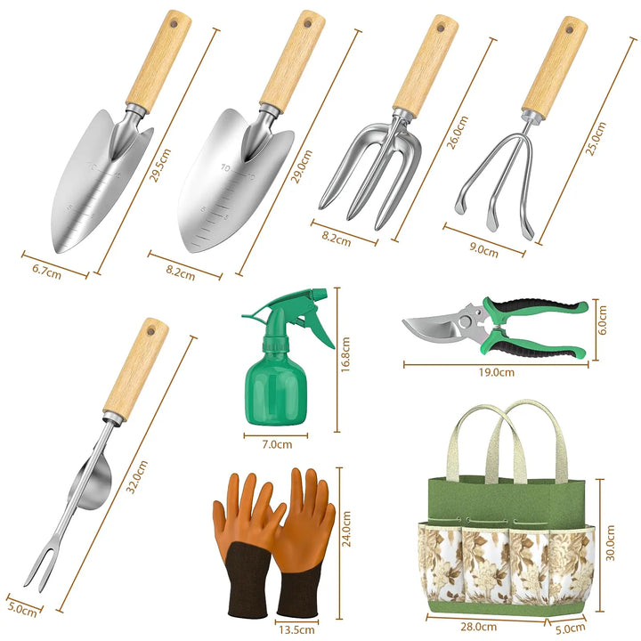 Essential garden tools displayed: trowel, transplanter, weeder, cultivator, & pruner in a practical storage tote bag.