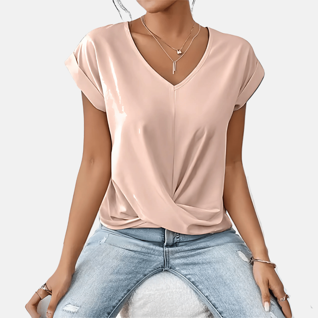 Elegant women's short sleeve V-neck blouse, ideal for spring & summer casual wear. Relaxed fit.