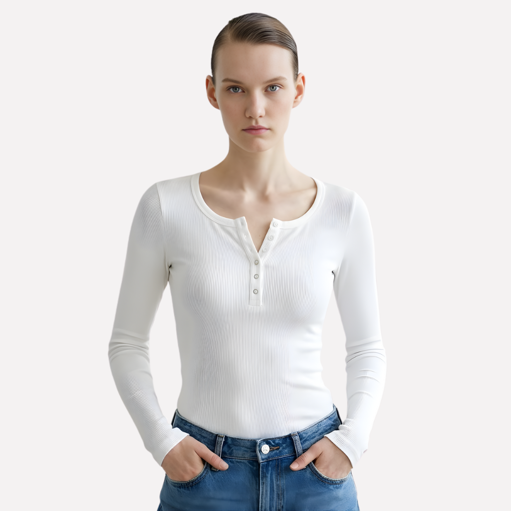 Women's ribbed long sleeve henley top, perfect for casual wear and everyday style in fall.