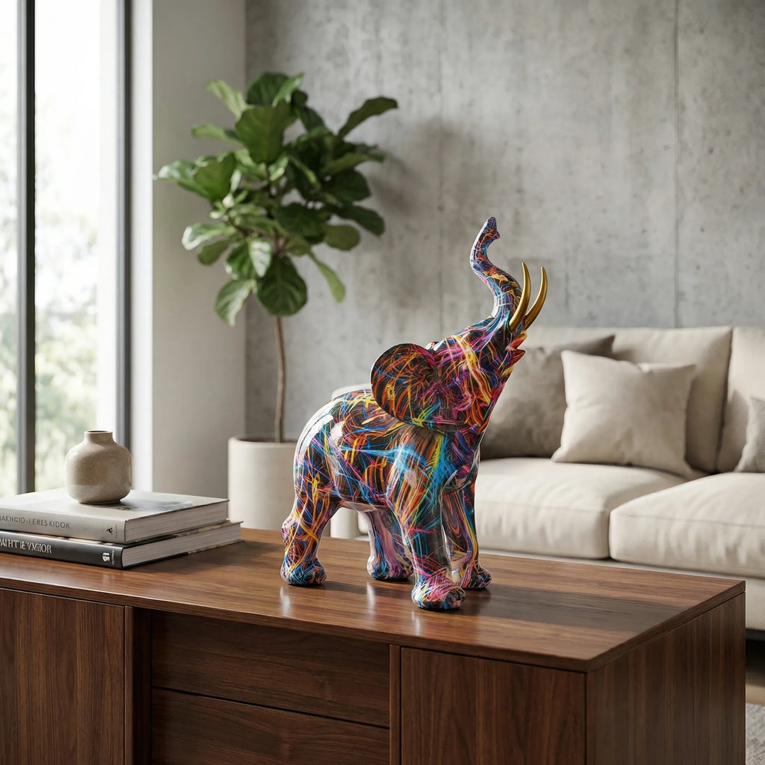Vibrant abstract elephant tabletop sculpture. Modern home decor statement piece, perfect for offices or living rooms.