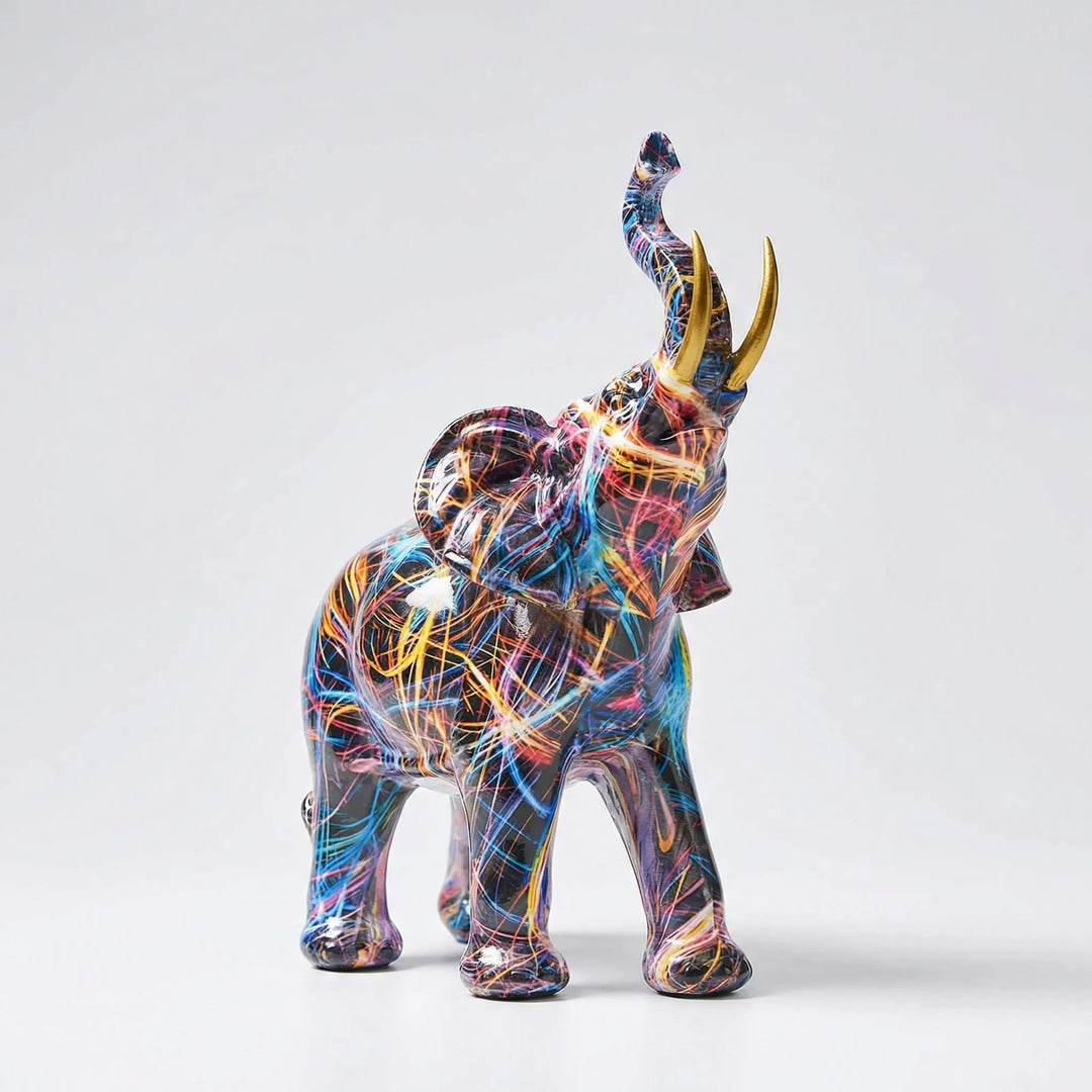 Contemporary abstract elephant art sculpture for tabletop decor. Unique vibrant design, ideal for modern interior styling.