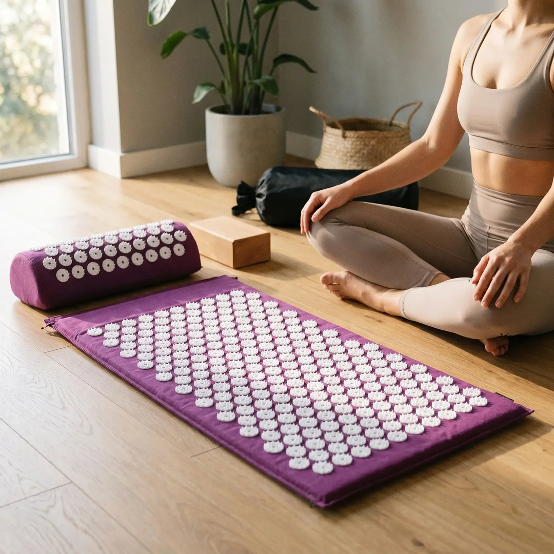Unisex acupressure mat and pillow set in blue, designed for muscle relief, relaxation, and stress reduction.