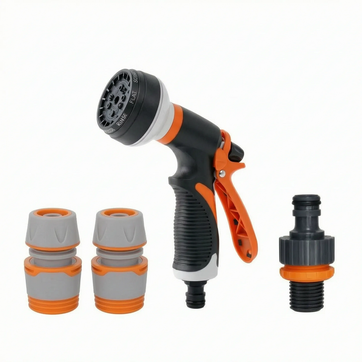 Versatile garden hose nozzle with comfort grip for various watering & washing tasks in home gardens.