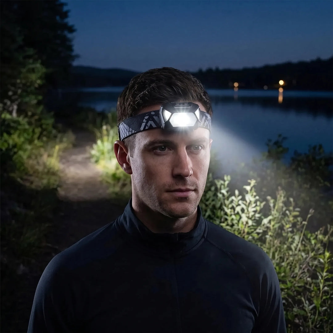 Adjustable LED headlamp for camping, hiking, and outdoor activities. Hands-free bright illumination for unisex use.