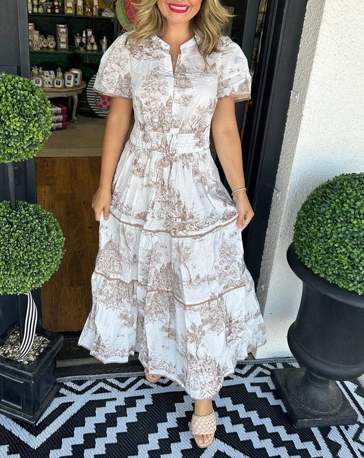 Elegant Women's maxi dress featuring a beautiful classic toile print. Perfect long dress for summer events.