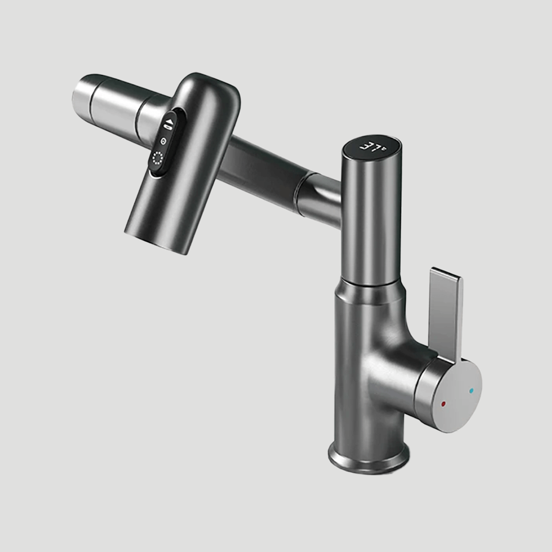 Adjustable silver kitchen faucet with 360° swivel for easy installation in modern home improvement projects.