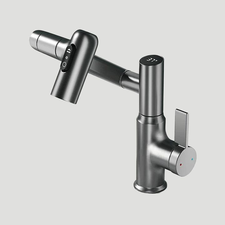 Adjustable silver kitchen faucet with 360° swivel for easy installation in modern home improvement projects.