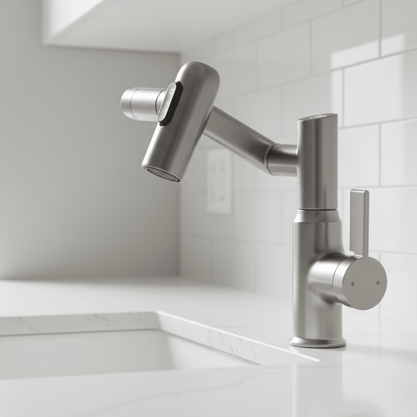 Smart 360° swivel kitchen/bathroom faucet with LED temperature display; modern chrome water tap.