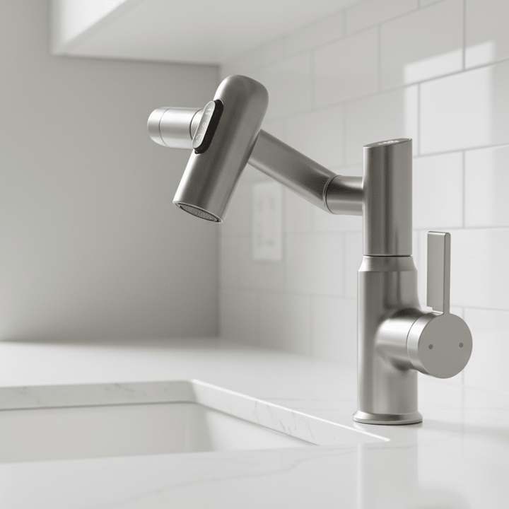 Smart 360° swivel kitchen/bathroom faucet with LED temperature display; modern chrome water tap.