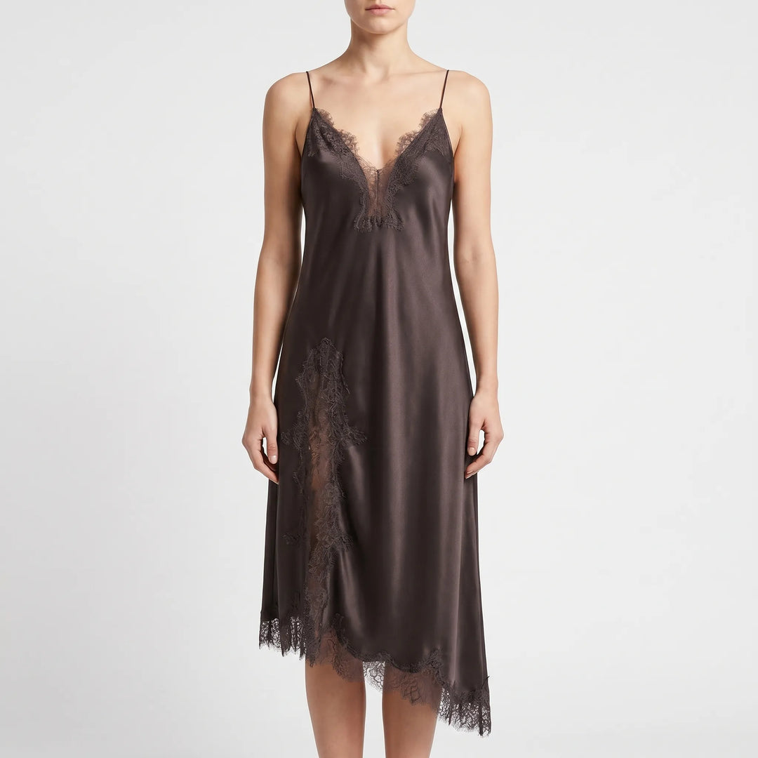 Stylish women's asymmetrical V-neck midi slip dress with delicate lace openwork trim. Perfect summer party dress.