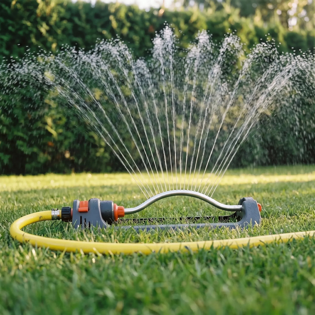 Automatic oscillating lawn sprinkler, an efficient water sprayer for even yard irrigation in home gardens.