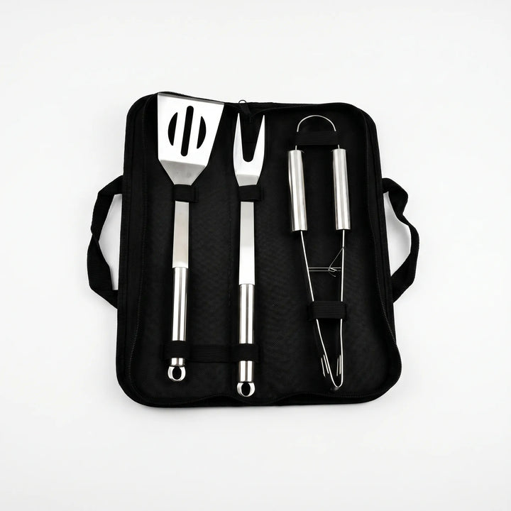Essential 3-piece stainless steel long-handled grilling tool set for camping, backyard BBQs, and outdoor cooking enthusiasts.
