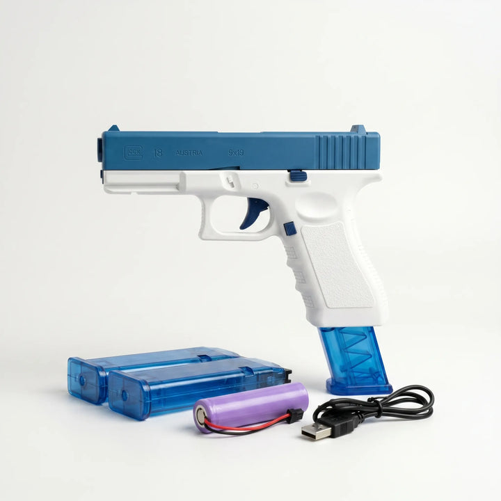 Unisex electric water blaster for refreshing summer fun. Durable, rechargeable water gun for active outdoor play.