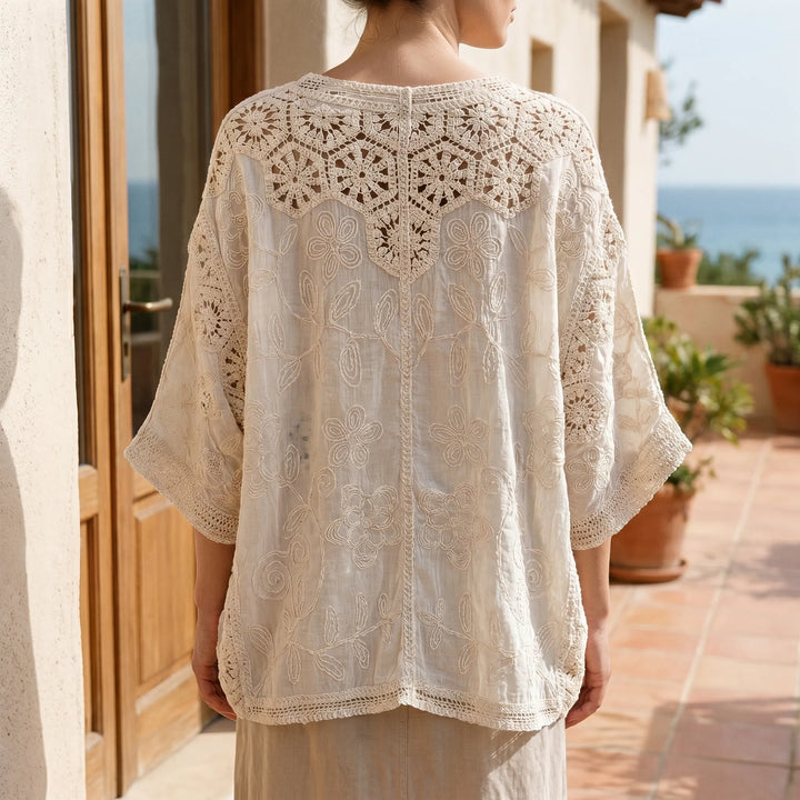 Women's bohemian crochet cardigan, lightweight & sheer, perfect for summer casual wear.
