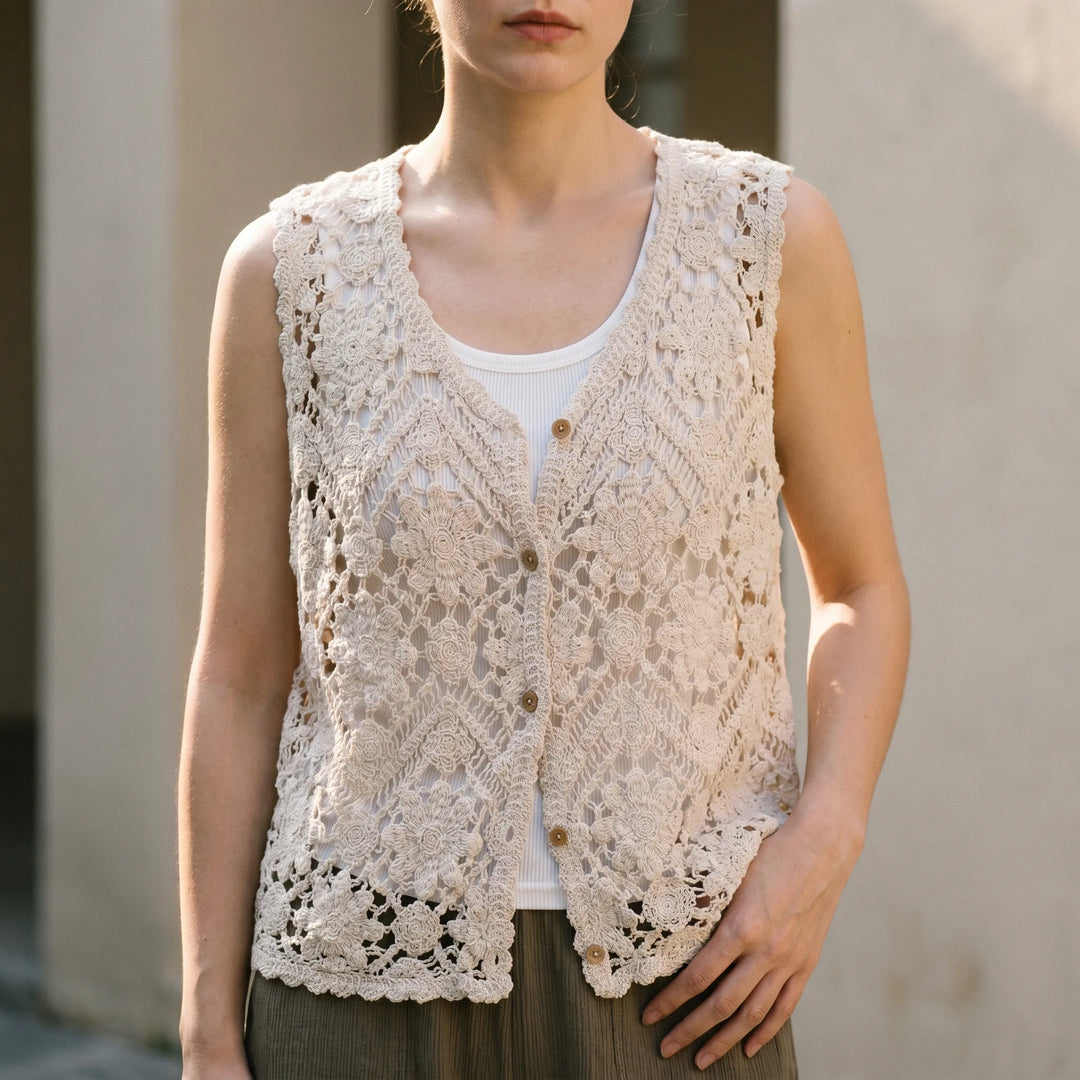 Beige women's boho summer tank top with V-neck, button front. Perfect for casual summer fashion, vacation, or festival wear.