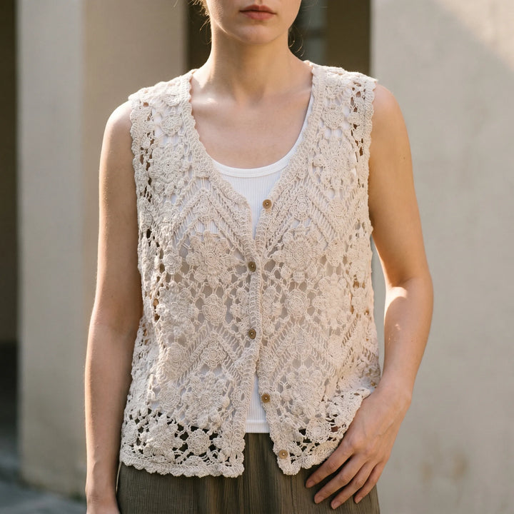 Beige women's boho summer tank top with V-neck, button front. Perfect for casual summer fashion, vacation, or festival wear.