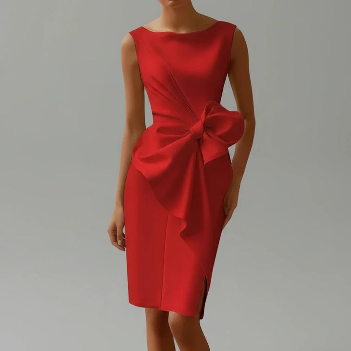 Stunning women's cocktail midi dress with an elegant bow, a fitted sleeveless design for evening events.