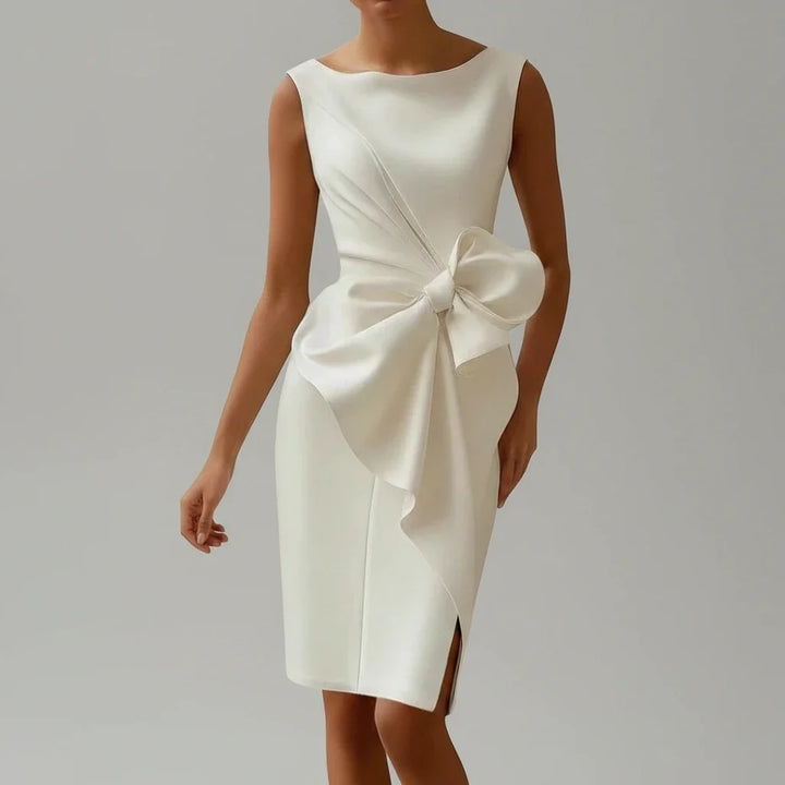 Fitted women's elegant midi evening dress with a stylish bow, ideal for cocktails & special occasion wear.