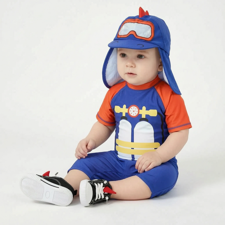 Stylish cartoon print boys' swimwear set. UPF 50+ sun protective kids swim hat & quick-dry pool clothes.