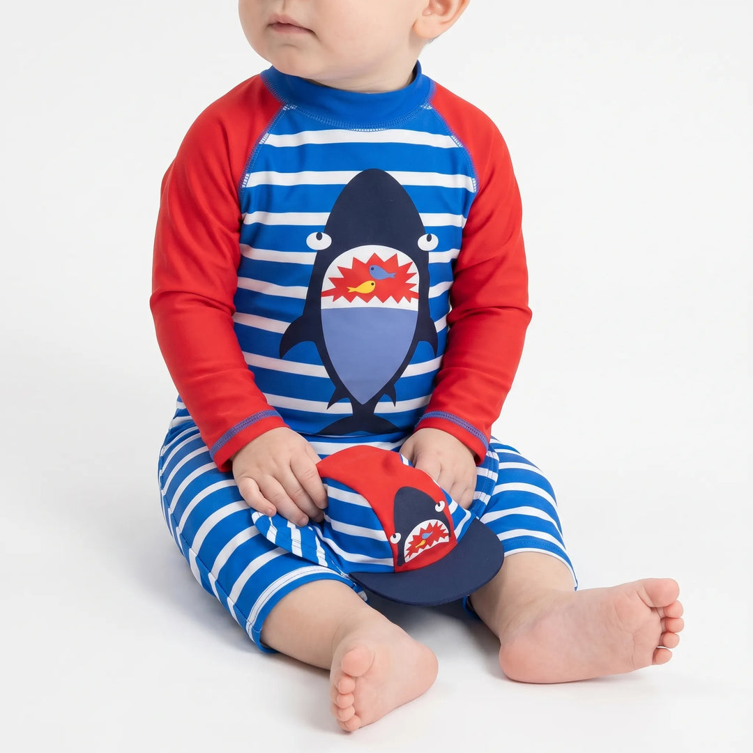 Toddler boys' cartoon swim set & sun hat. UPF 50+ sun protective beachwear, quick-dry for pool fun.