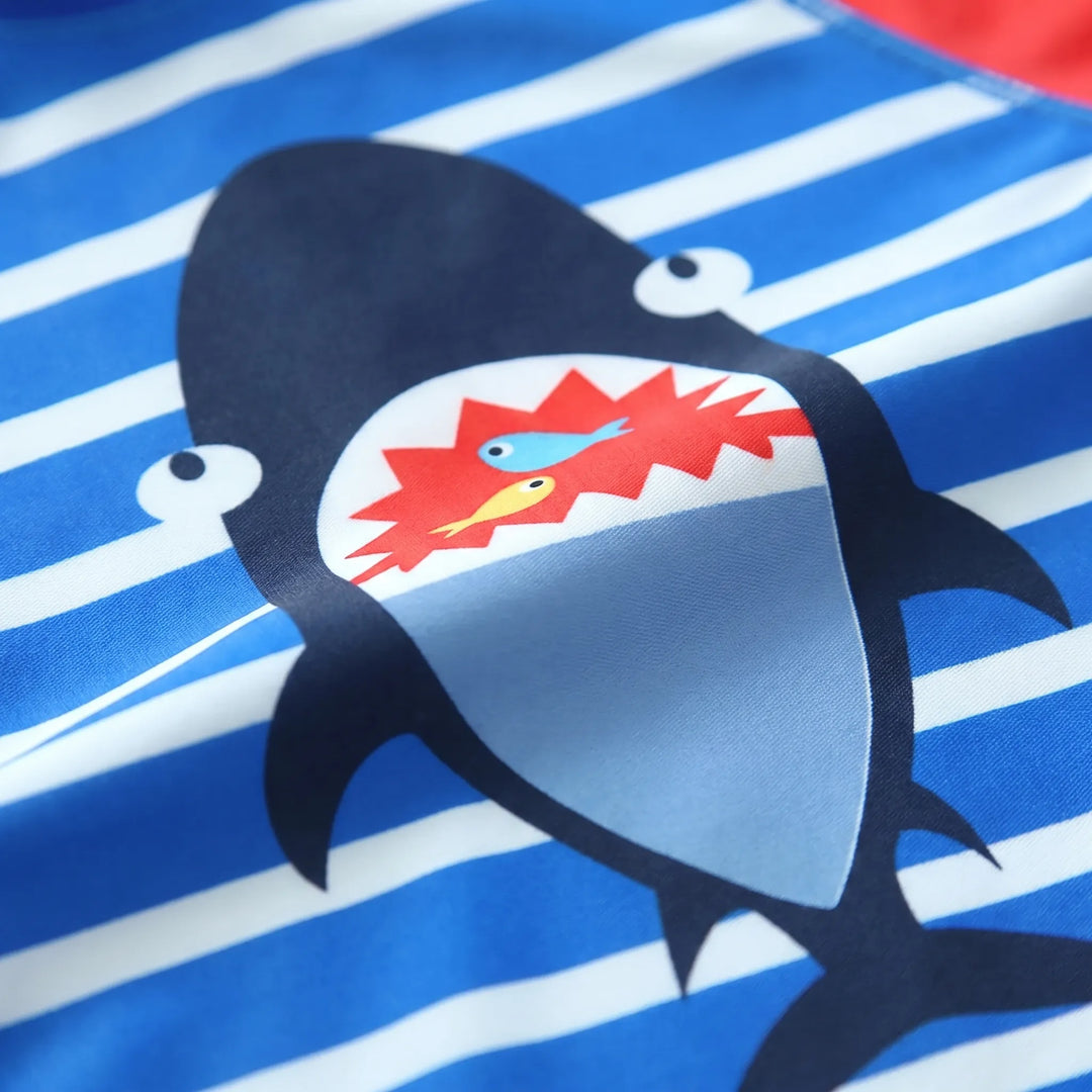 Kids' cartoon print swimwear for boys. Sun protective UPF 50+ swim set with matching hat for beach days.