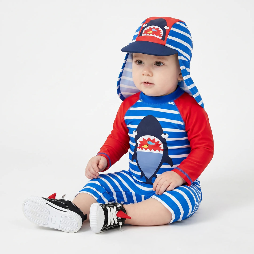 Boys' swim shorts & top set with sun hat. Quick-dry, UPF 50+ protection for toddlers' beach and pool wear.