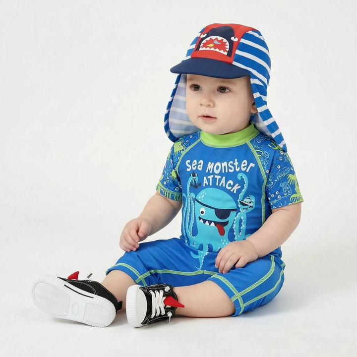 Fun cartoon print boys' swimwear. Childrens UPF 50+ sun protective swim set with hat for pool & beach.