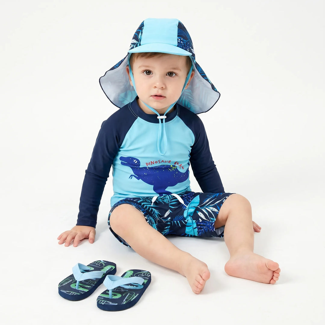 Boys' quick-dry cartoon swimwear set. UPF 50+ sun hat & pool clothes for toddlers' summer beach wear.
