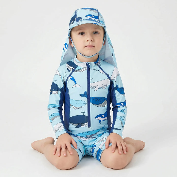 Boys' cartoon print toddler swim set with sun hat. Quick-dry, UPF 50+ beachwear for children's pool clothes.