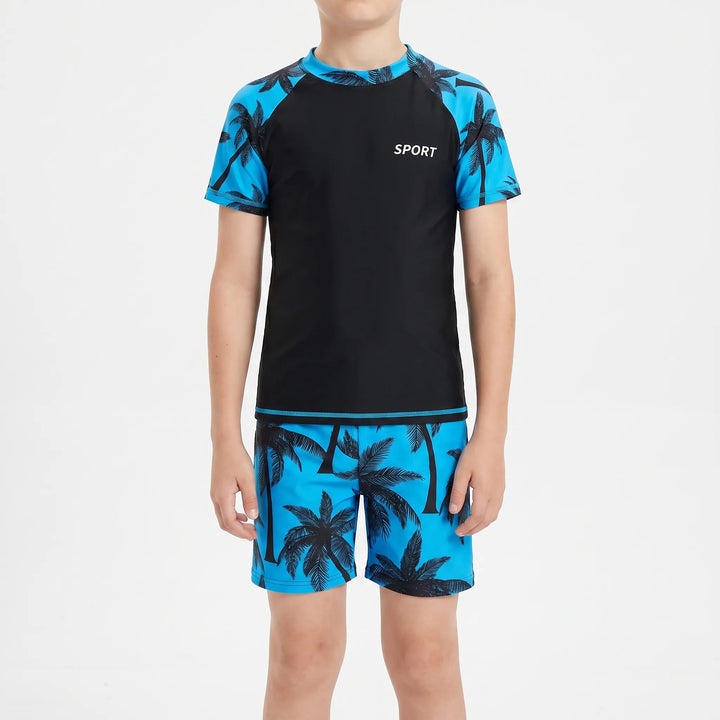 Youth two-piece swim shorts & rash guard set. Perfect boys' beachwear for summer water sports.