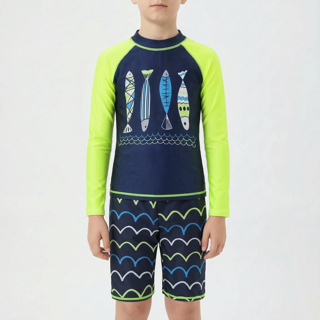 Boys' active two-piece swimsuit set. Quick-dry swim shorts & top for youth water play and summer fun.