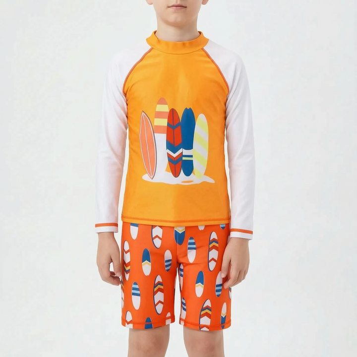 Youth two-piece swimwear set for boys. Comfortable, flexible kids' swimsuit for all summer water activities.
