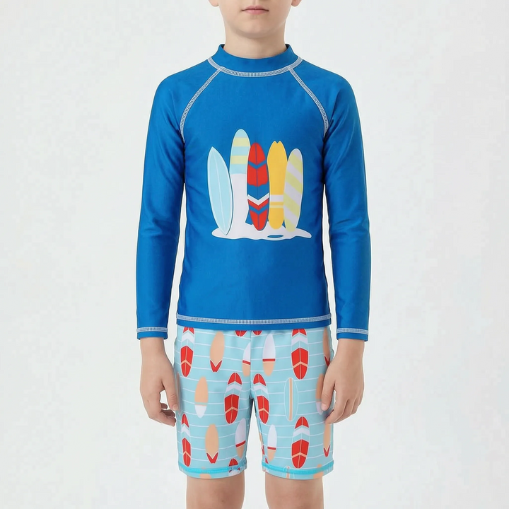 Boys' two-piece beachwear. Fun swim top and shorts for active kids' pool parties and seaside play.
