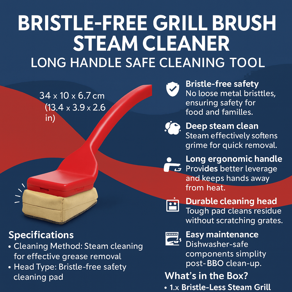 Safe bristle-free steam grill cleaner, a long handle BBQ brush for outdoor grill cleaning.