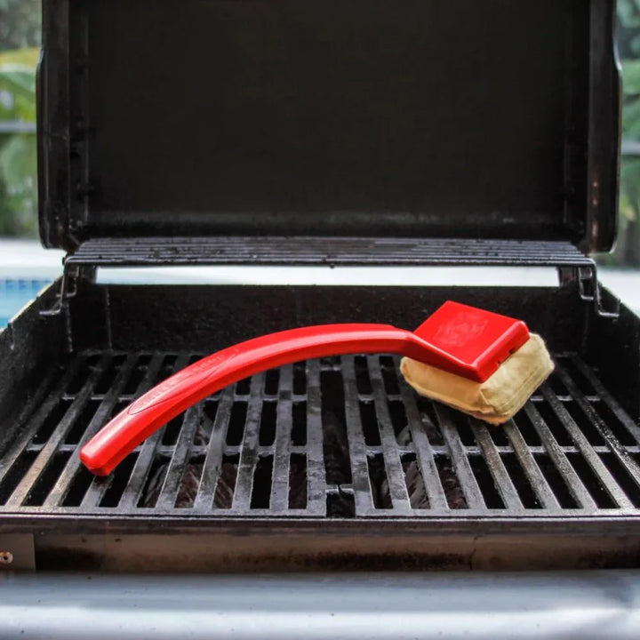 Long handle bristle-free steam grill cleaner, a safe BBQ tool for outdoor cooking cleanup.