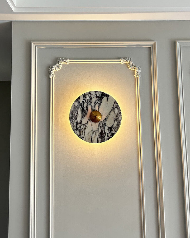 Decorative 9-inch marble wall light with warm white LED, vintage design, enhances any elegant room.