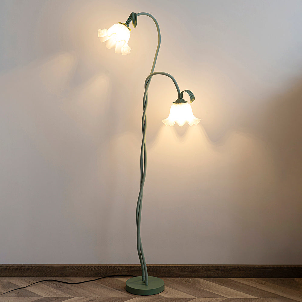 Green floral floor lamp with white shade, modern botanical light for living room.