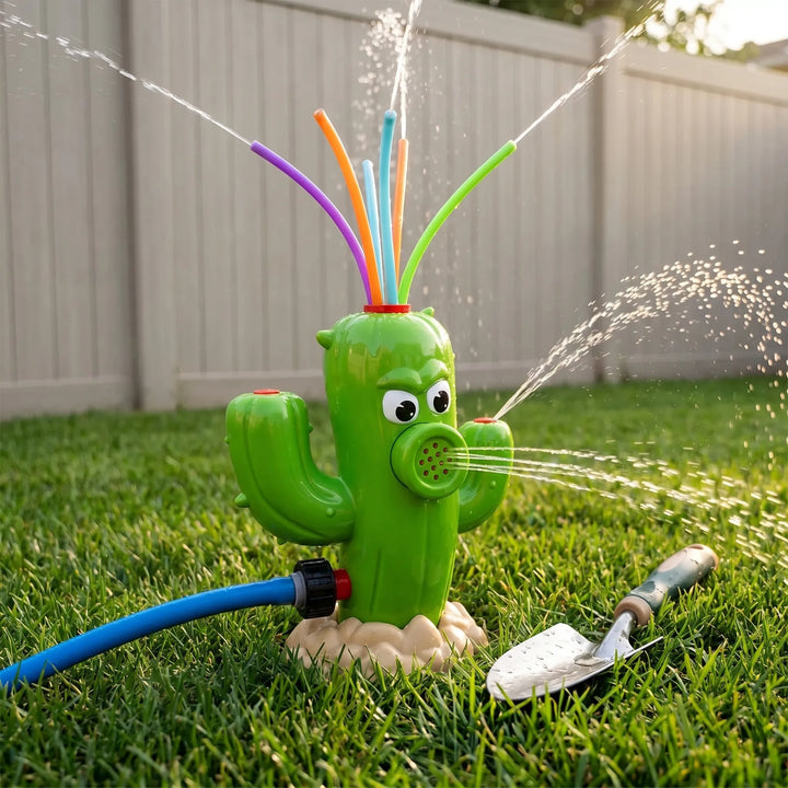 Kids' cartoon cactus rotating water sprinkler toy for backyard summer fun.