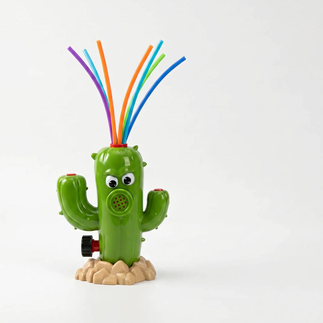Children playing with a vibrant rotating cactus water sprinkler in the garden.