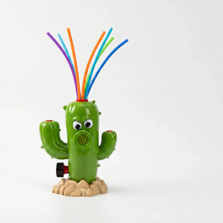 Children playing with a vibrant rotating cactus water sprinkler in the garden.