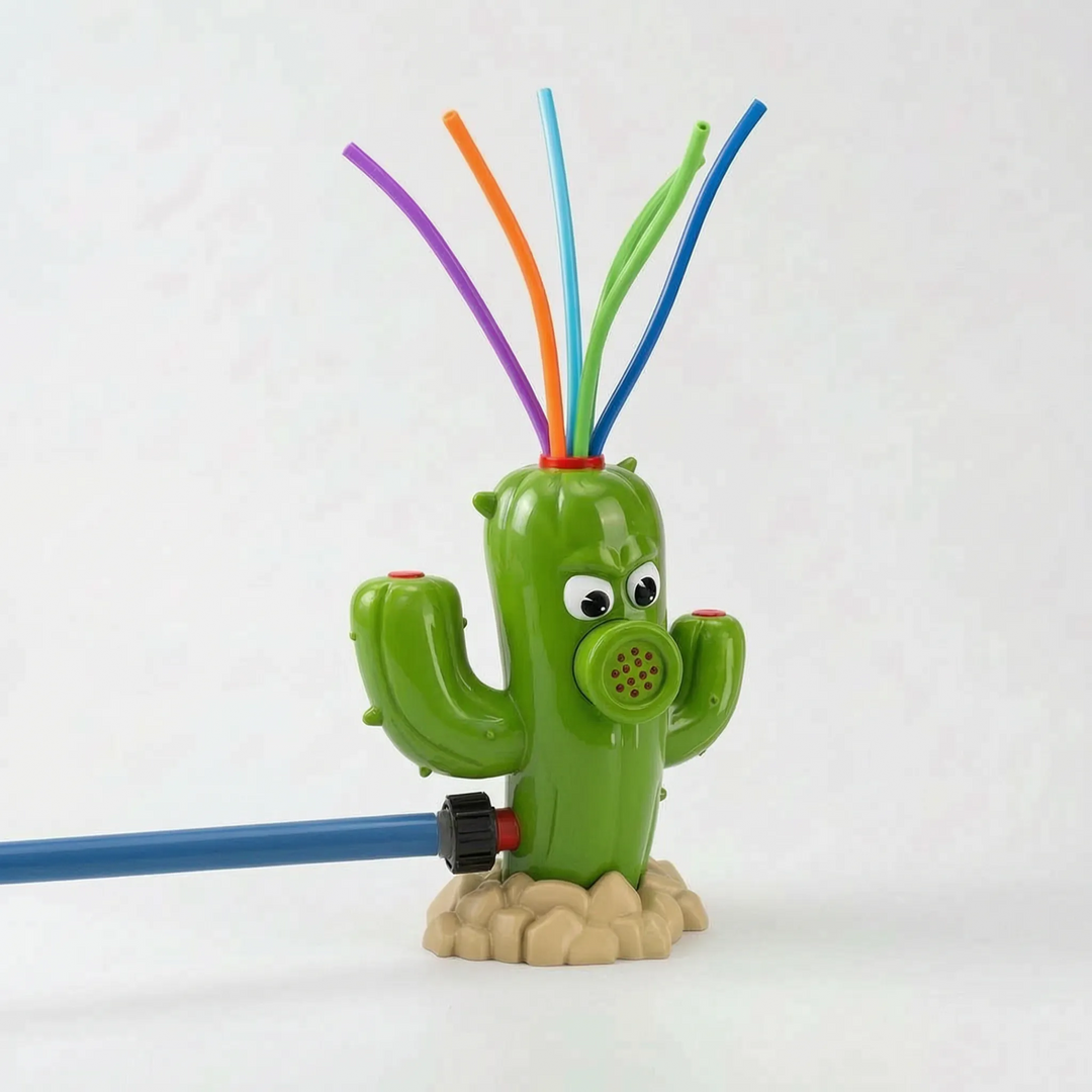 Rotating cactus sprinkler toy, perfect for kids' water games and backyard summer fun.
