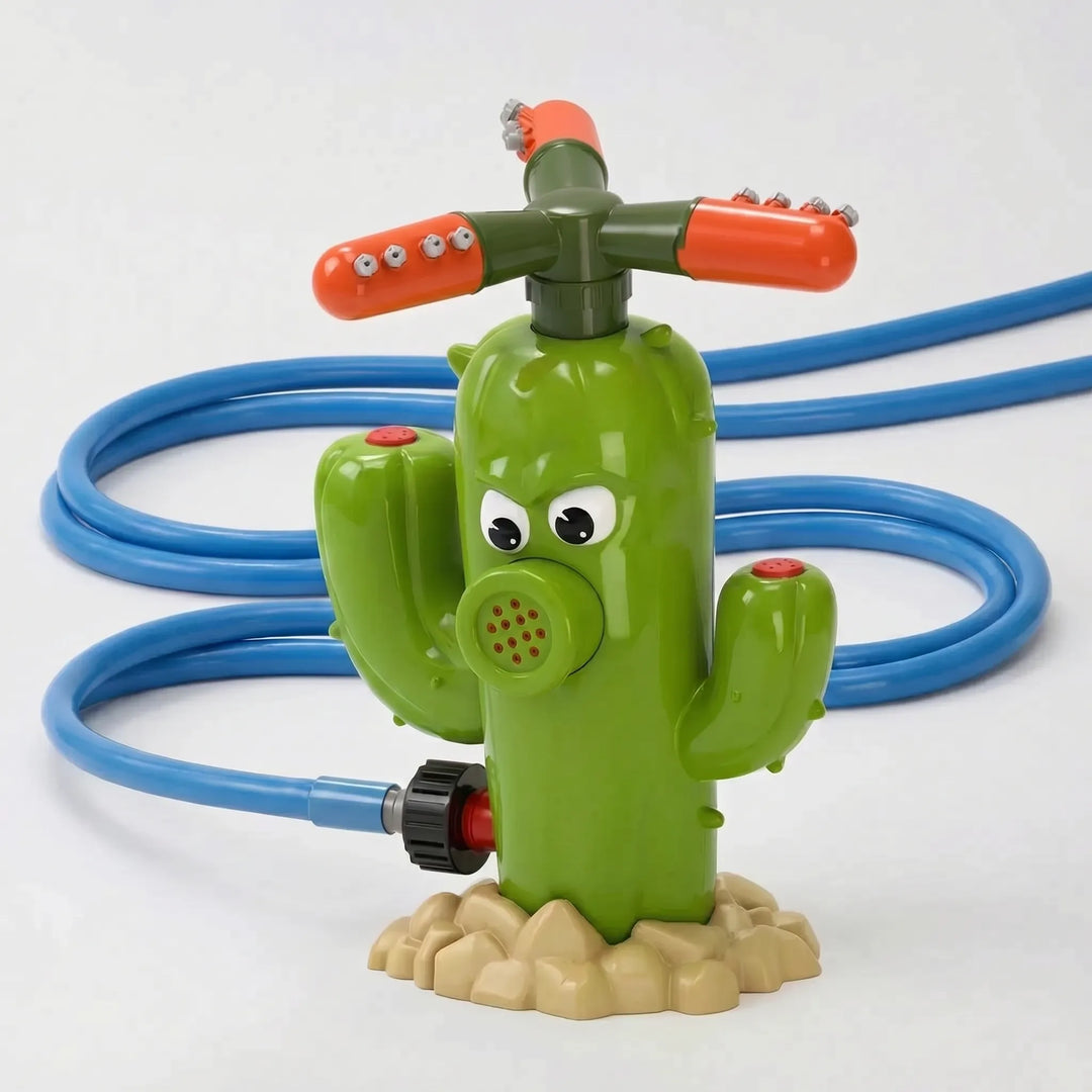 Little ones enjoying cool water sprays from a cute cartoon cactus rotating sprinkler.