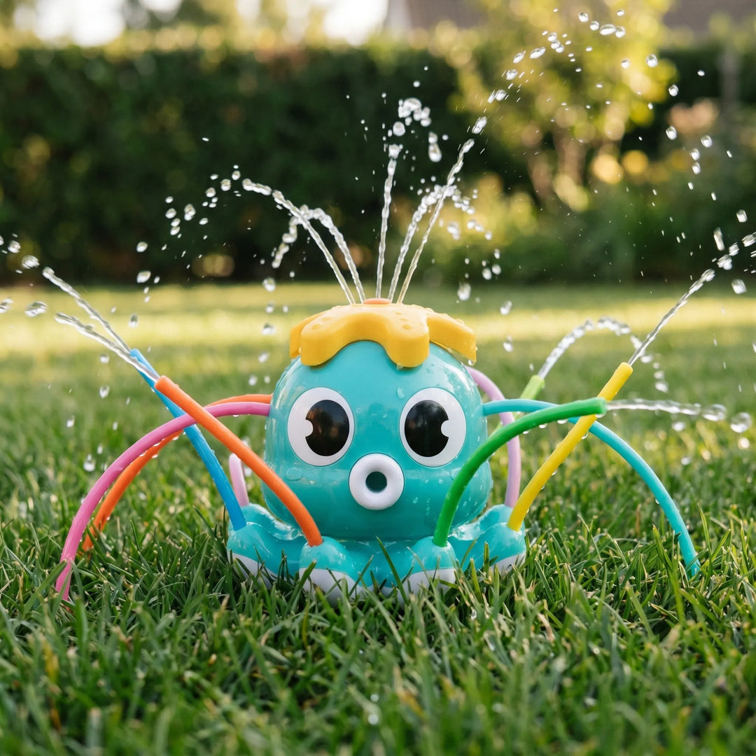 Cartoon octopus sprinkler for kids, perfect outdoor water toy for backyard summer fun & children's activities.